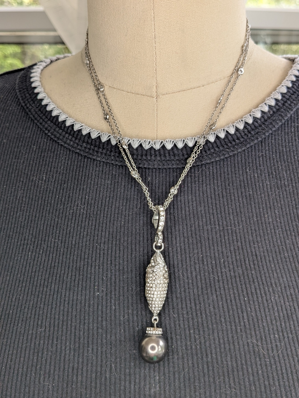 Premier Design Silver Tone Rhinestone Enhancer Pendant Faux Black Pearl Necklace